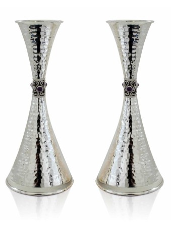 Bougeoirs en argent martelé avec pierres d'améthyste, argent sterling Ca