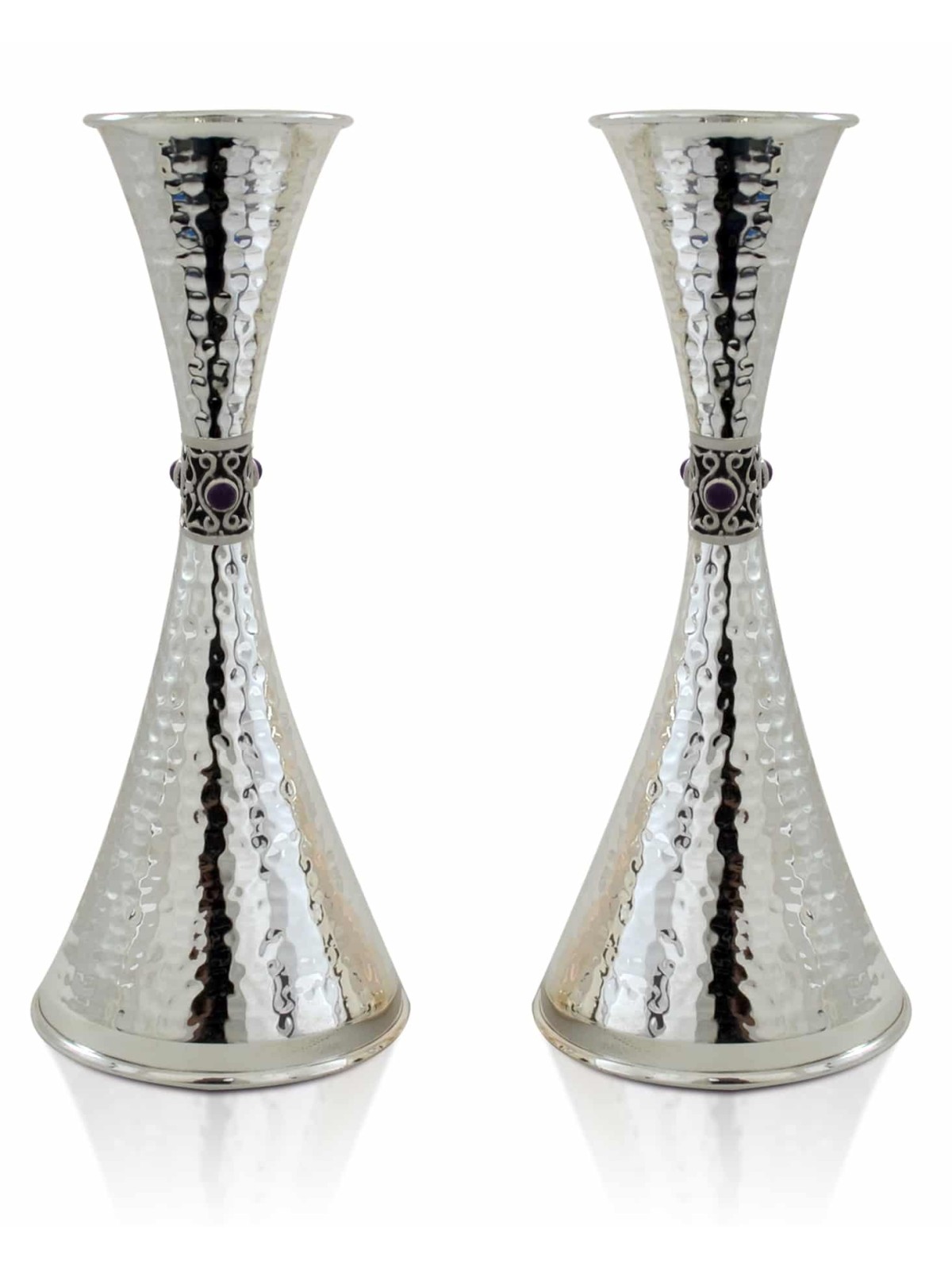 Bougeoirs en argent martelé avec pierres d'améthyste, argent sterling Ca