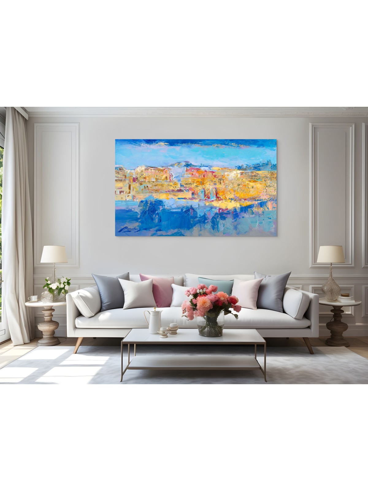 Mur occidental abstrait contemporain bleu et or K, abstrait juif A