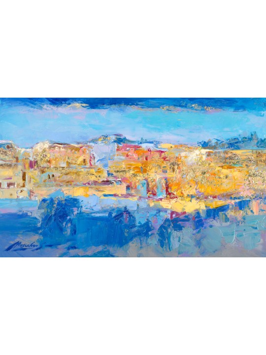 Mur occidental abstrait contemporain bleu et or K, abstrait juif A