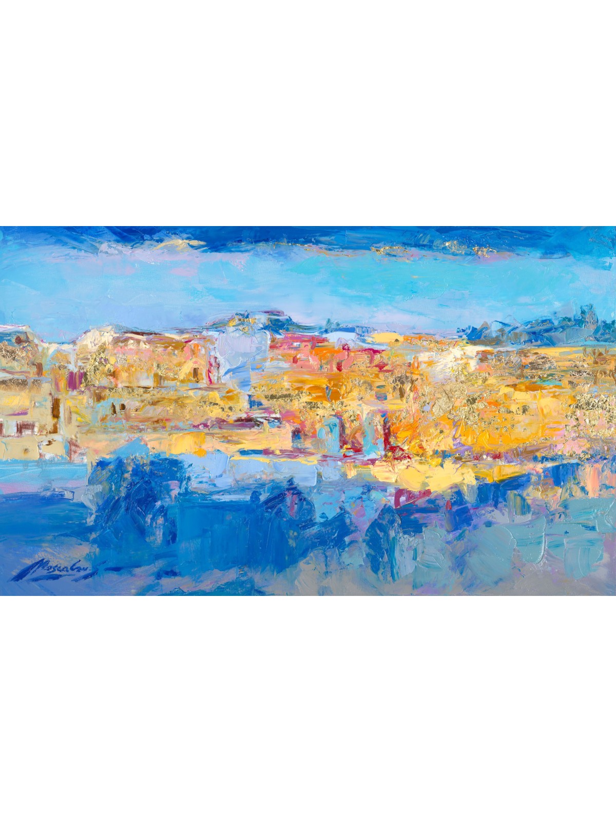 Contemporary Abstract Blue and Gold Western Wall K , Jewish Abstract A