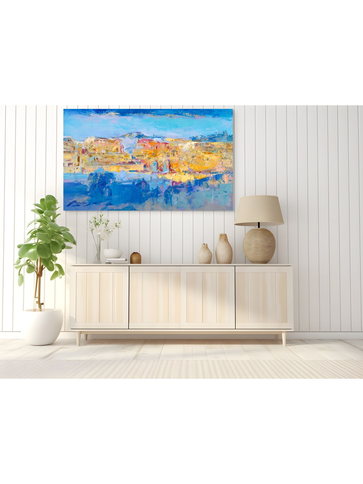 Contemporary Abstract Blue and Gold Western Wall K , Jewish Abstract A