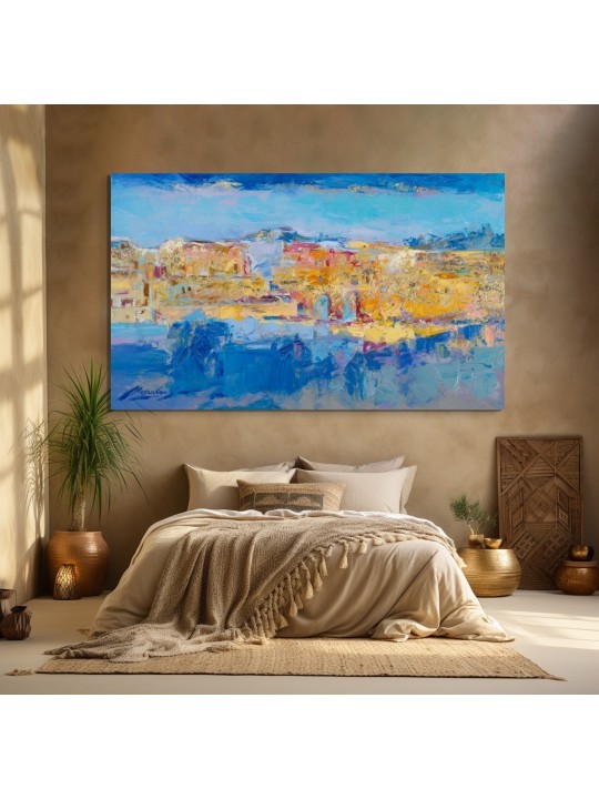 Contemporary Abstract Blue and Gold Western Wall K , Jewish Abstract A