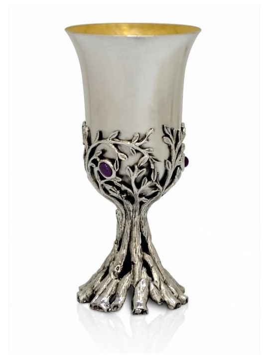 Amethyst Stones Floral Silver Eliyahu Cup , Cadeaux de Pâque , Israélien J