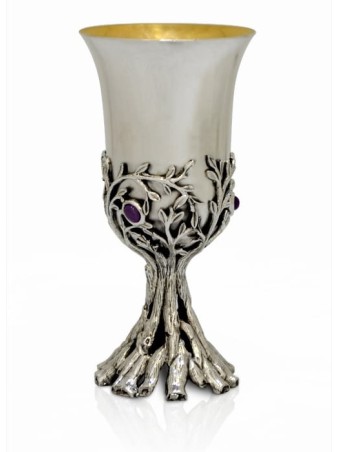 Amethyst Stones Floral Silver Eliyahu Cup , Cadeaux de Pâque , Israélien J