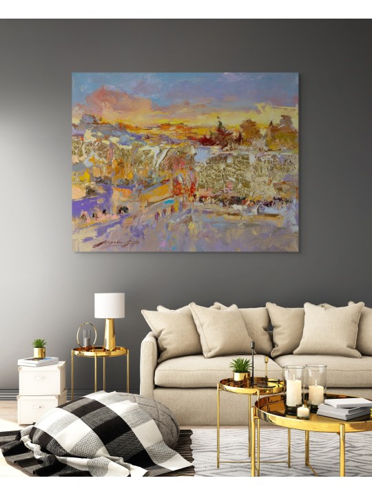 Lueur dorée de Jérusalem Kotel Peinture originale i , Résumé juif A