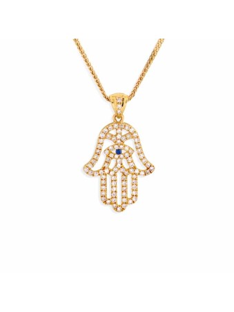 Yellow Gold Hamsa Necklace with Diamonds and Sapph , Tu B'Av Gifts , I