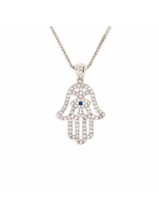 Yellow Gold Hamsa Necklace with Diamonds and Sapph , Tu B'Av Gifts , I