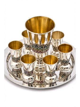 Sterling Silver Wine Set with Colorful Enamel Jeru , Jerusalem Kiddush