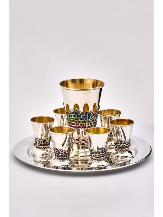 Sterling Silver Wine Set with Colorful Enamel Jeru , Jerusalem Kiddush