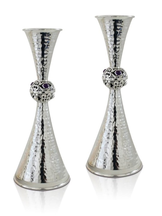 Bougeoirs en argent avec pierres d'améthyste martelées, argent Sterling C