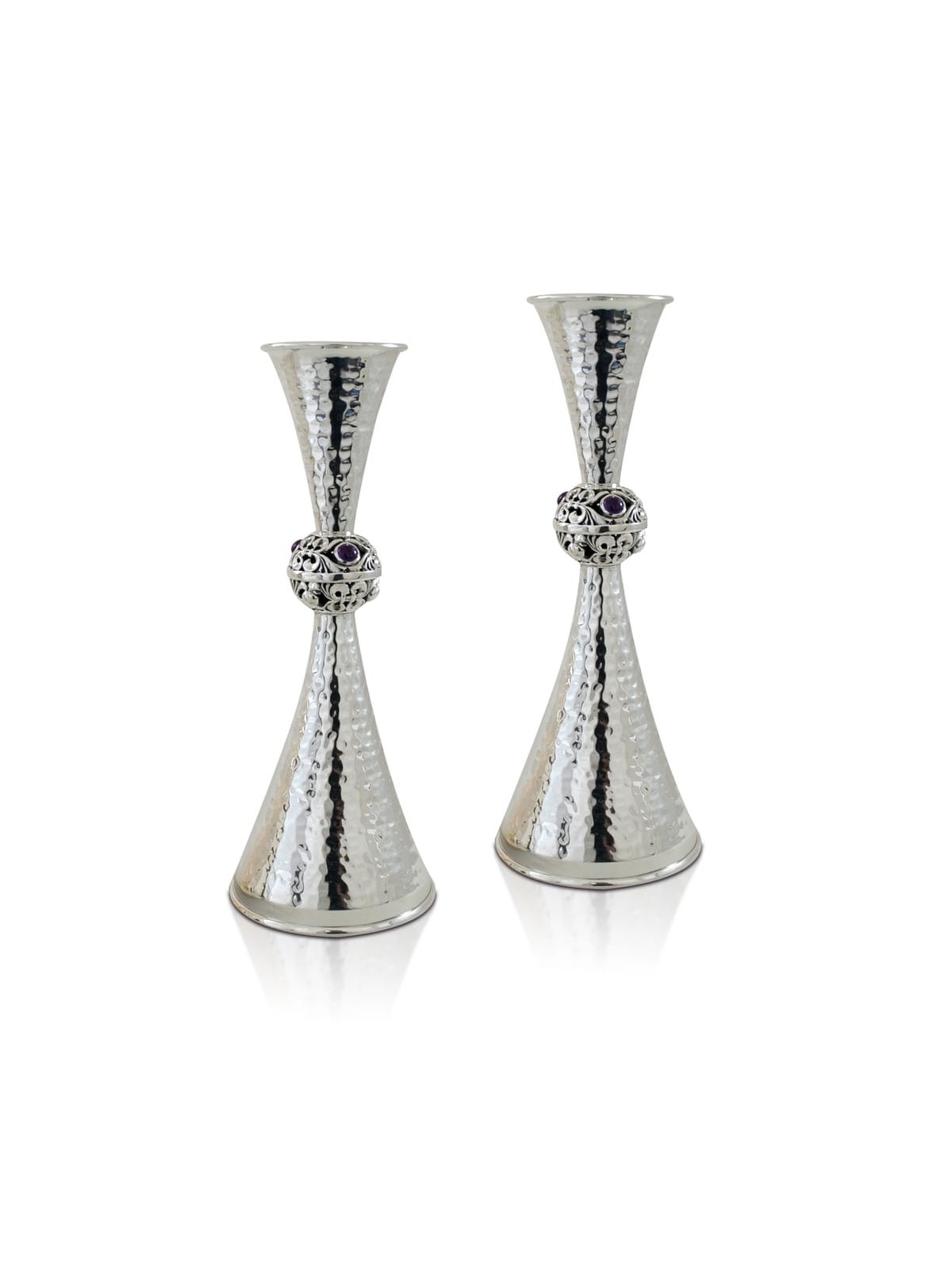 Bougeoirs en argent avec pierres d'améthyste martelées, argent Sterling C