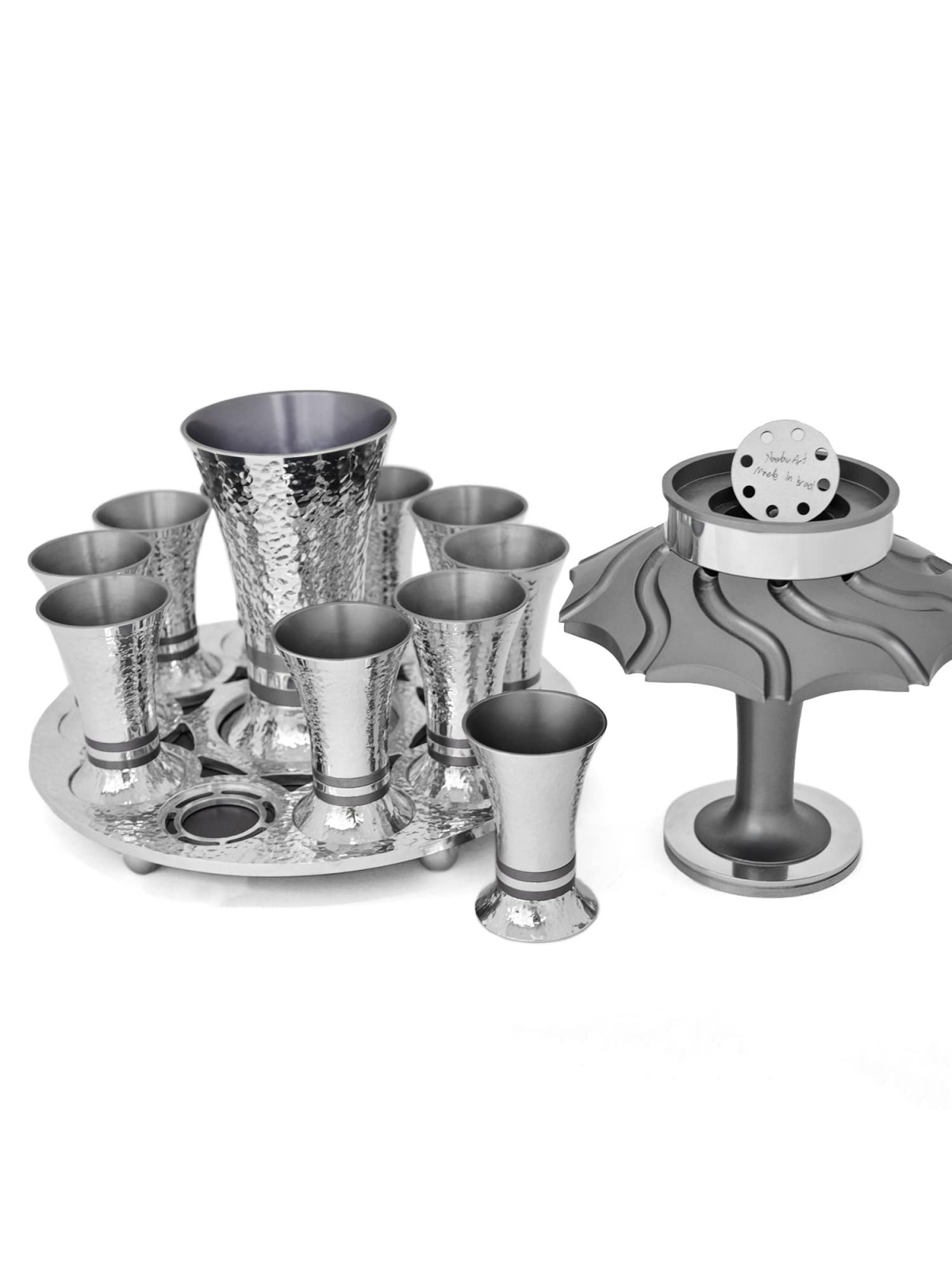 Fontaine à vin en argent martelé brillant 10 tasses, fontaines de Kiddouch, Isra