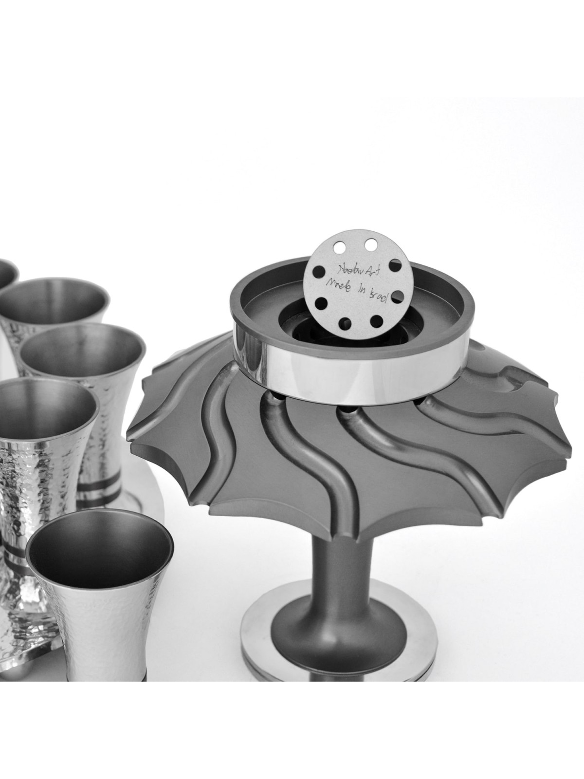 Shiny Hammered Silver Wine Fountain 10 Cups , Kiddush Fountains , Isra