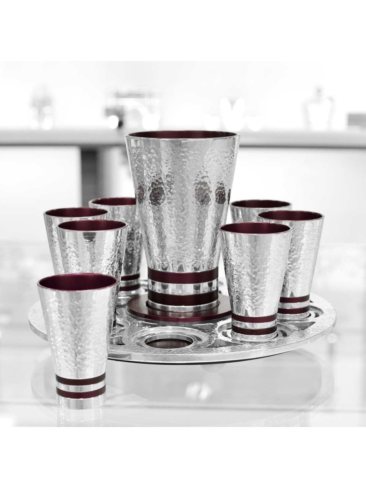 Fontaine à vin en aluminium avec 8 tasses à liqueur, fontaines de Kiddouch, Israël