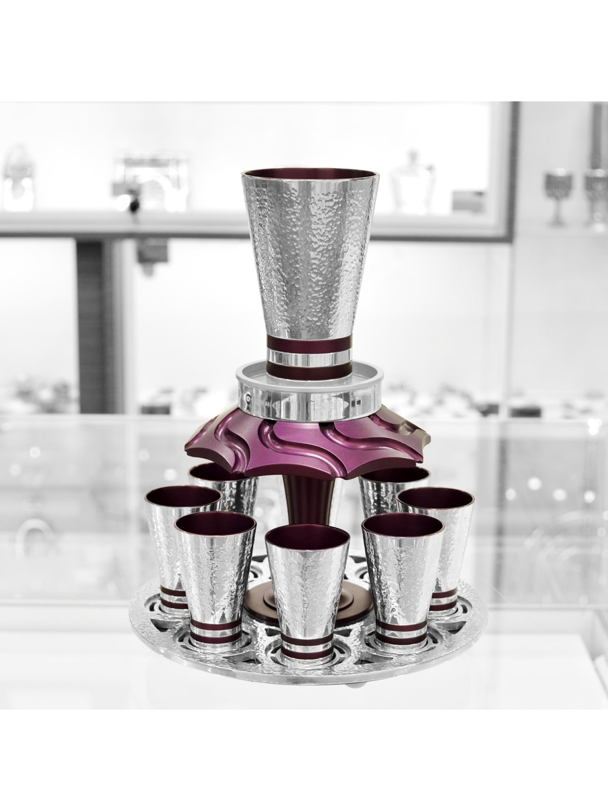 Fontaine à vin en aluminium avec 8 tasses à liqueur, fontaines de Kiddouch, Israël