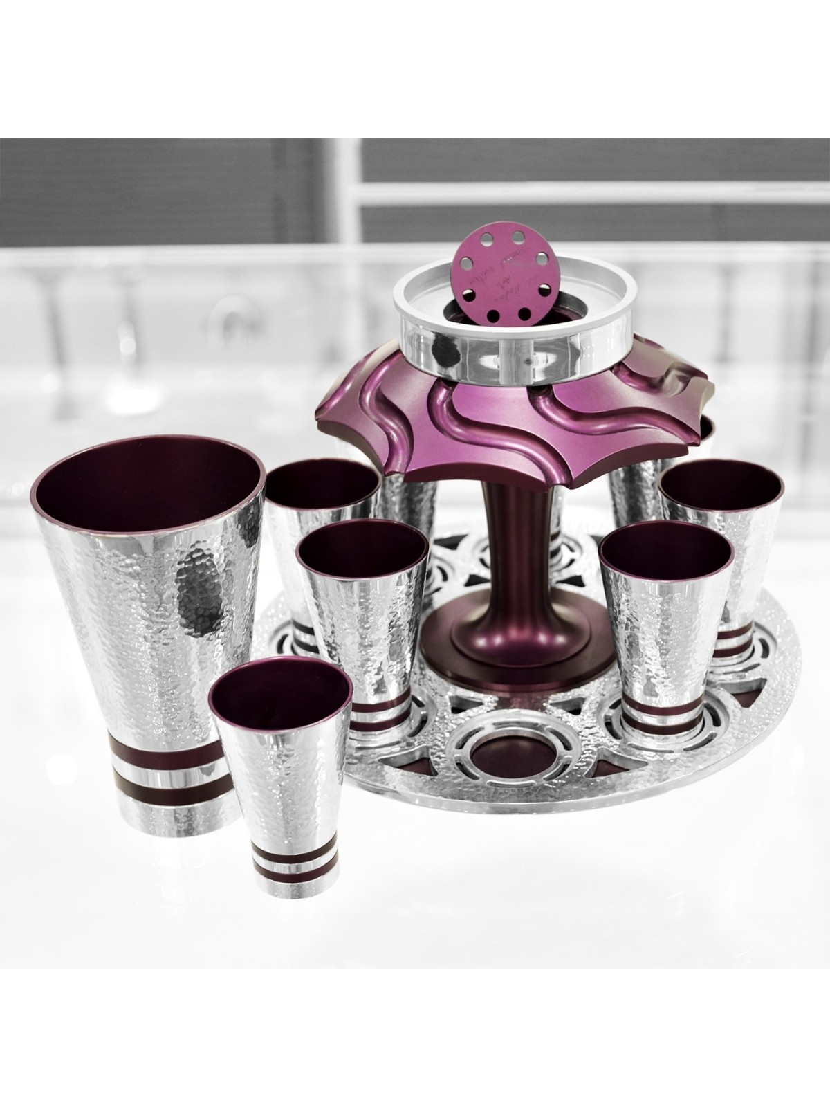 Fontaine à vin en aluminium avec 8 tasses à liqueur, fontaines de Kiddouch, Israël