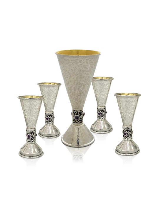Liquor Set With Natural Amethyst Stones and Filigr , Passover Gifts ,