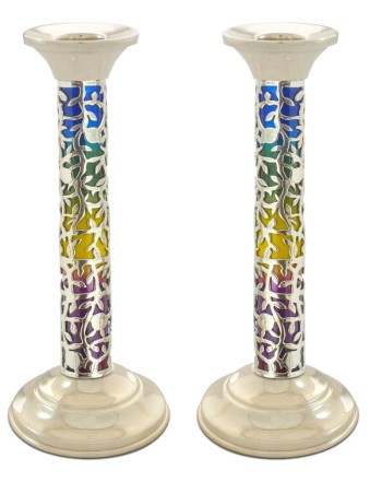 Large Leaf Shaped Colorful Silver Candlesticks , Sterling Silver Candl