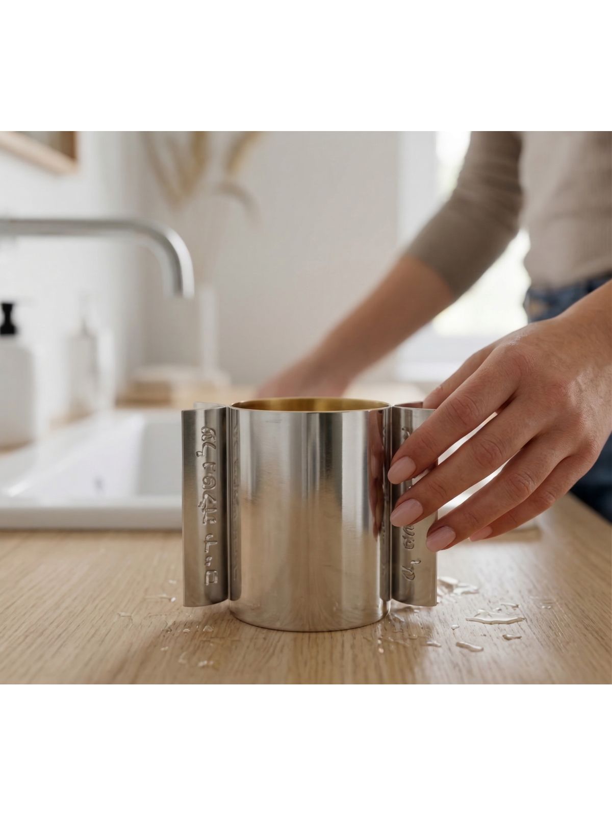 Modern Silver Washing Cup with Pierced Blessing Ar , Passover Gifts ,