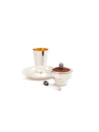 Ensemble en argent avec plat à miel, cuillère, service à vin, plat à miel Rosh Hashanah
