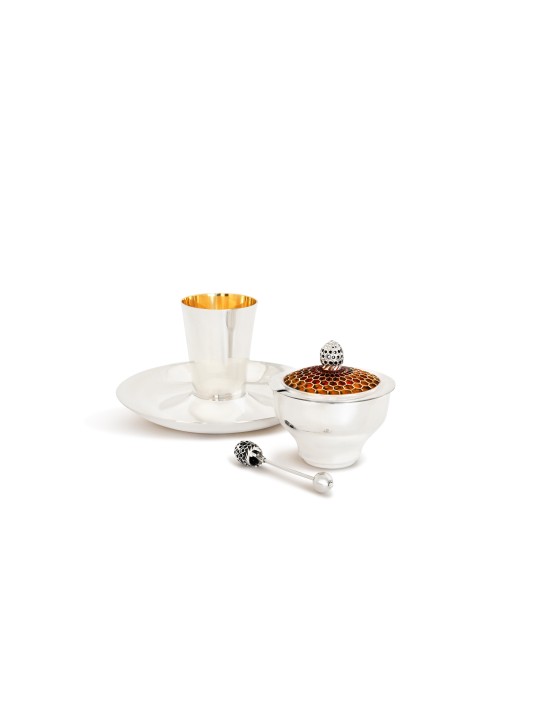 Ensemble en argent avec plat à miel, cuillère, service à vin, plat à miel Rosh Hashanah