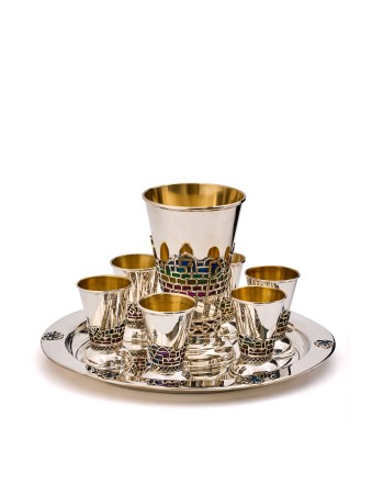 Multi-Color Enamel Silver Kiddush Set with Old Cit , Jerusalem Kiddush