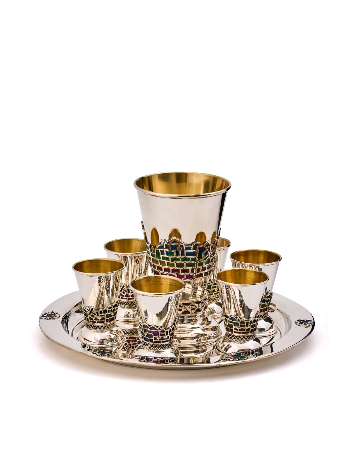 Ensemble de Kiddush en argent émaillé multicolore avec vieille ville, Kiddush de Jérusalem