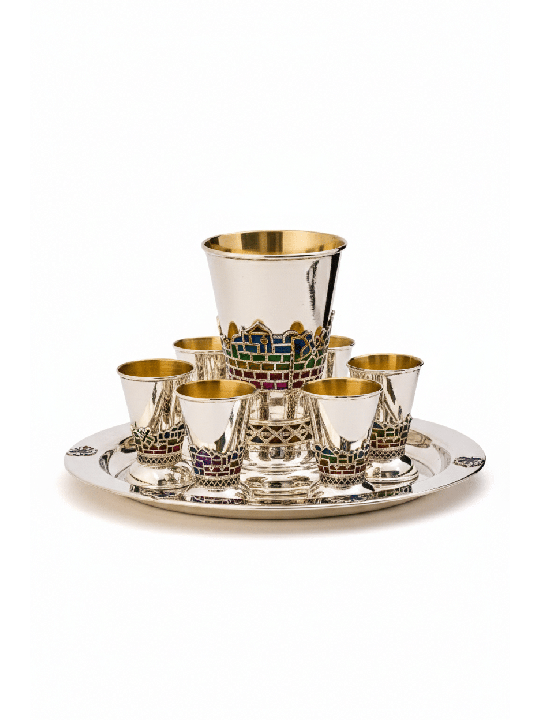 Ensemble de Kiddush en argent émaillé multicolore avec vieille ville, Kiddush de Jérusalem