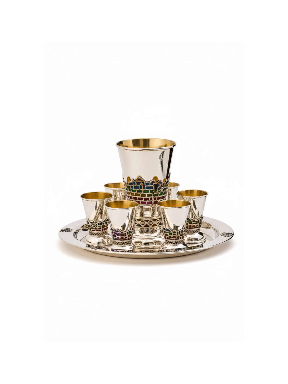 Ensemble de Kiddush en argent émaillé multicolore avec vieille ville, Kiddush de Jérusalem