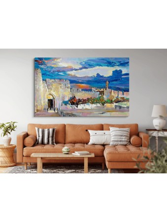 Jerusalem's Old City Sunset with Jaffa Gate - Orig , Jewish Abstract A