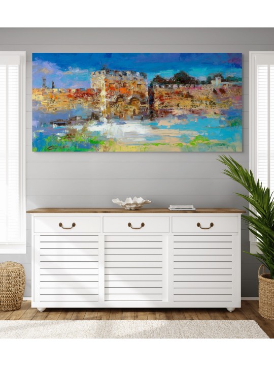Peinture originale multicolore de Golden Gate de Jérusalem, résumé juif A