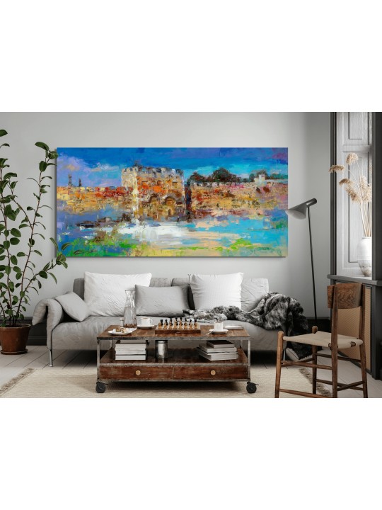 Peinture originale multicolore de Golden Gate de Jérusalem, résumé juif A
