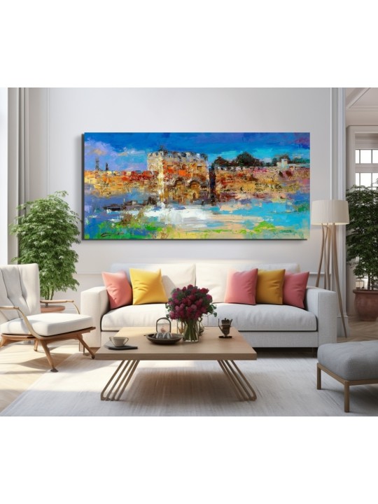 Peinture originale multicolore de Golden Gate de Jérusalem, résumé juif A