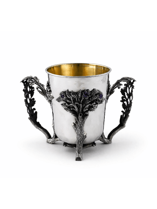 Silver Netilat Yadayim with Tree Design and Amethy , Passover Gifts ,