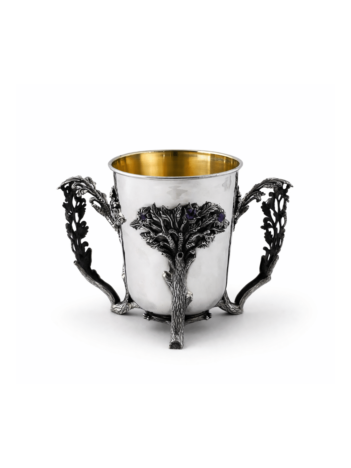 Silver Netilat Yadayim with Tree Design and Amethy , Passover Gifts ,
