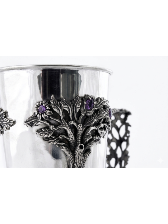 Silver Netilat Yadayim with Tree Design and Amethy , Passover Gifts ,