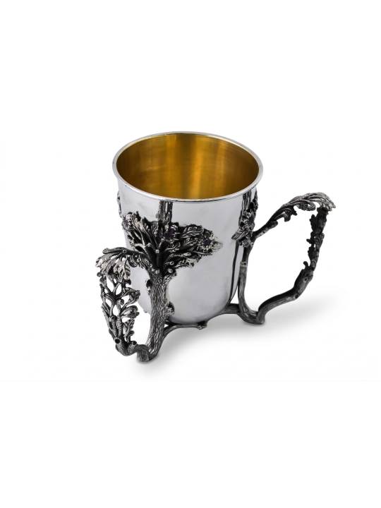 Silver Netilat Yadayim with Tree Design and Amethy , Passover Gifts ,