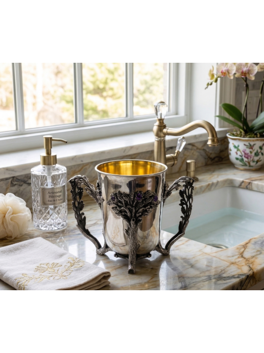 Silver Netilat Yadayim with Tree Design and Amethy , Passover Gifts ,