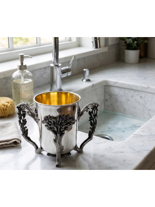 Silver Netilat Yadayim with Tree Design and Amethy , Passover Gifts ,