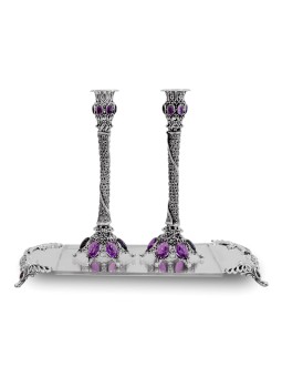 Silver Stones Candle Holders with Shabbat blessing , Passover Gifts ,