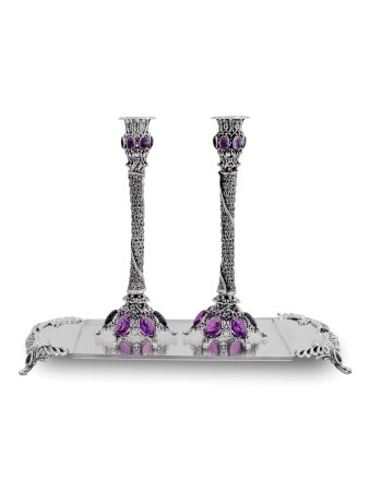 Silver Stones Candle Holders with Shabbat blessing , Passover Gifts ,