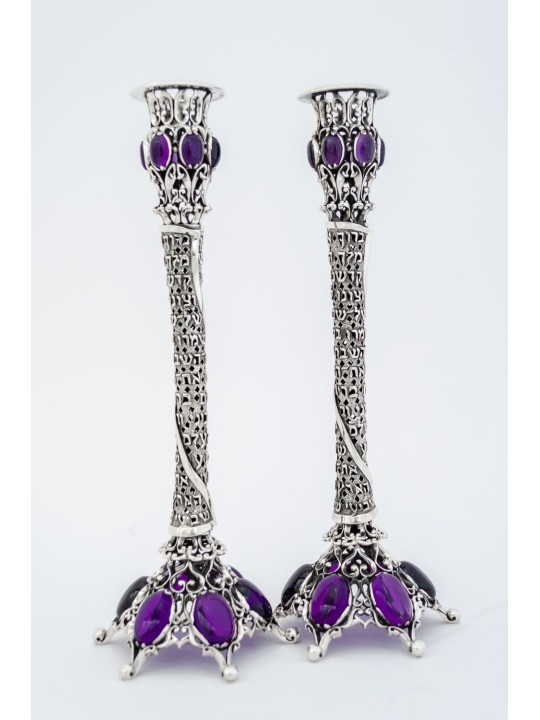 Silver Stones Candle Holders with Shabbat blessing , Passover Gifts ,