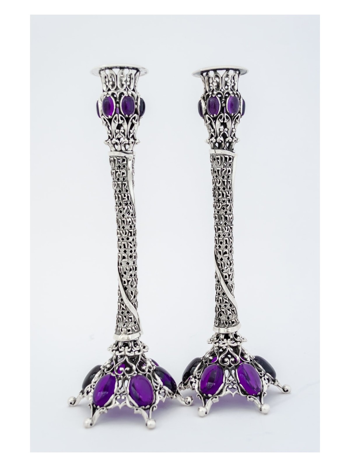 Silver Stones Candle Holders with Shabbat blessing , Passover Gifts ,