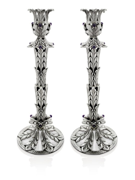 Flower Shape Sterling Silver Candlesticks with Sto , Sterling Silver C