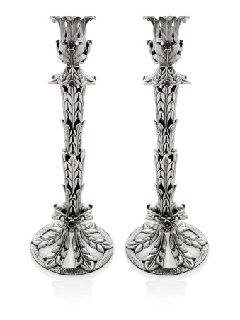 Flower Shape Sterling Silver Candlesticks with Sto , Sterling Silver C
