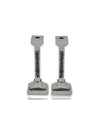 Square Shaped Sterling Silver Stones Candlesticks , Passover Gifts , I