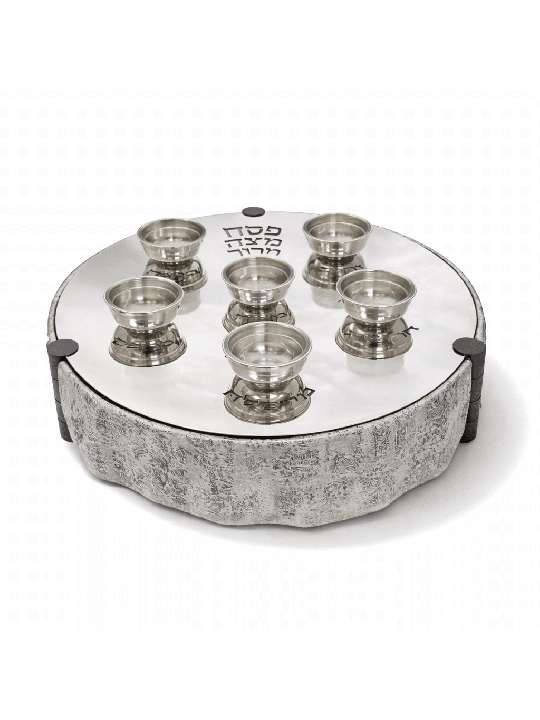 Plaque de Seder argentée surélevée moderne avec 3 Matsa T, Seder en aluminium Pl