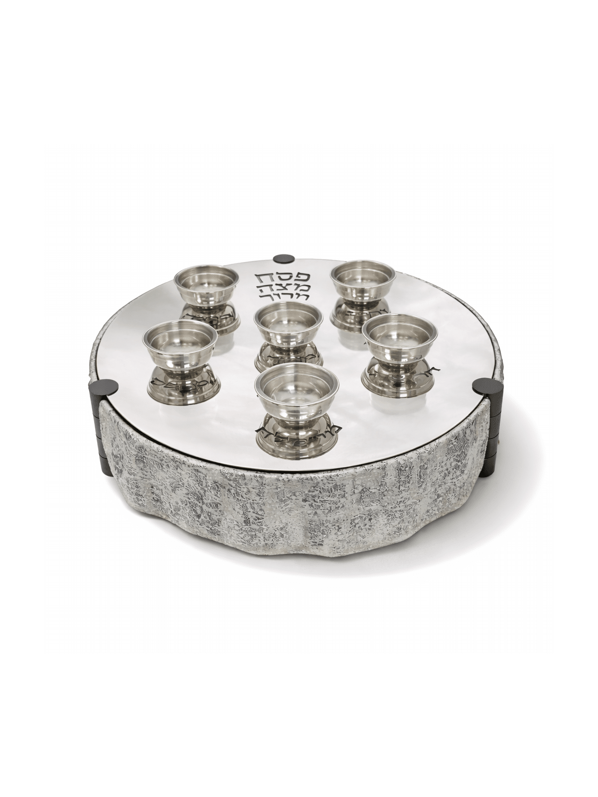 Plaque de Seder argentée surélevée moderne avec 3 Matsa T, Seder en aluminium Pl