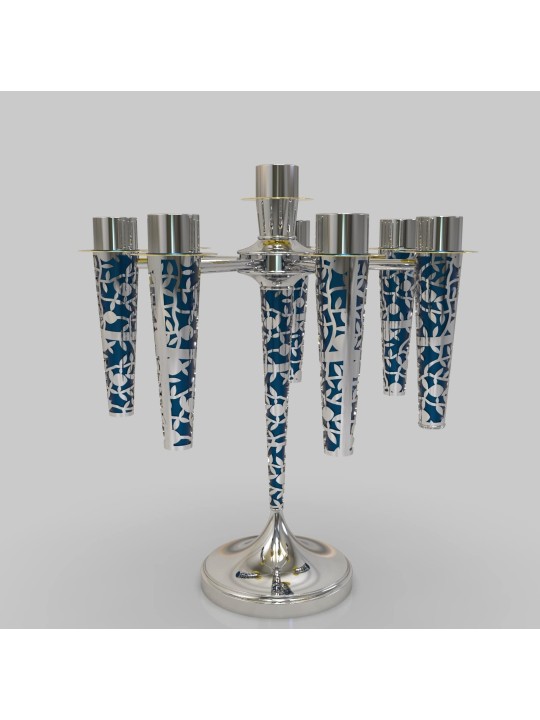 Blue 7+1 Arms Silver Candelabra Leaf Cut Out Desig , Passover Gifts ,